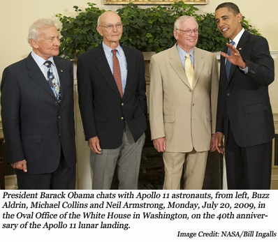 image of President Barack Obama chats with Apollo 11 astronauts, from left, Buzz Aldrin, Michael Collins and Neil Armstrong, Monday, July 20, 2009, in the Oval Office of the White House in Washington, on the 40th anniversary of the Apollo 11 lunar landing.
Image 