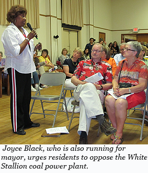  Joyce Black, who is also running for mayor, urges residents to oppose the White Stallion coal power plant.