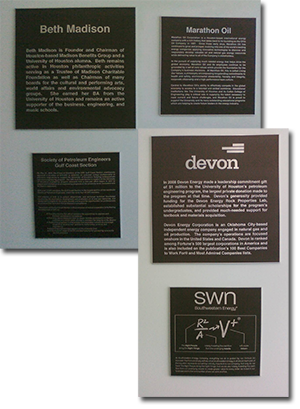 Plaques on the wall at the University of Houston's Energy Research Park