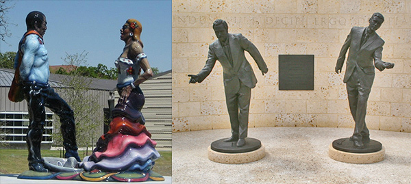 Luis Jimenez's Fiesta Dancers (l) and the Art Guys' Statue of Four Lies (r)