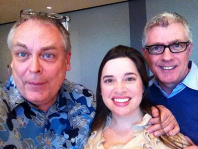 from left to right: Pianist Keith Weber, soprano Julia Fox and Houston Public Media’s St.John Flynn take a selfie in the Geary Studio