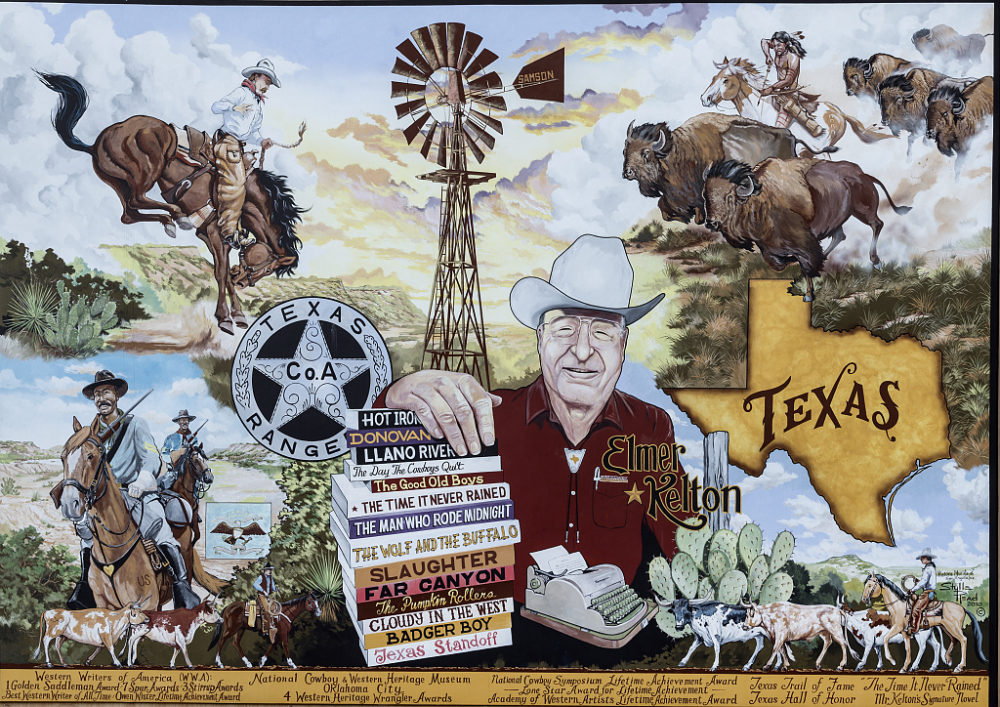 western mural featuring cowboys and Elmer Kelton