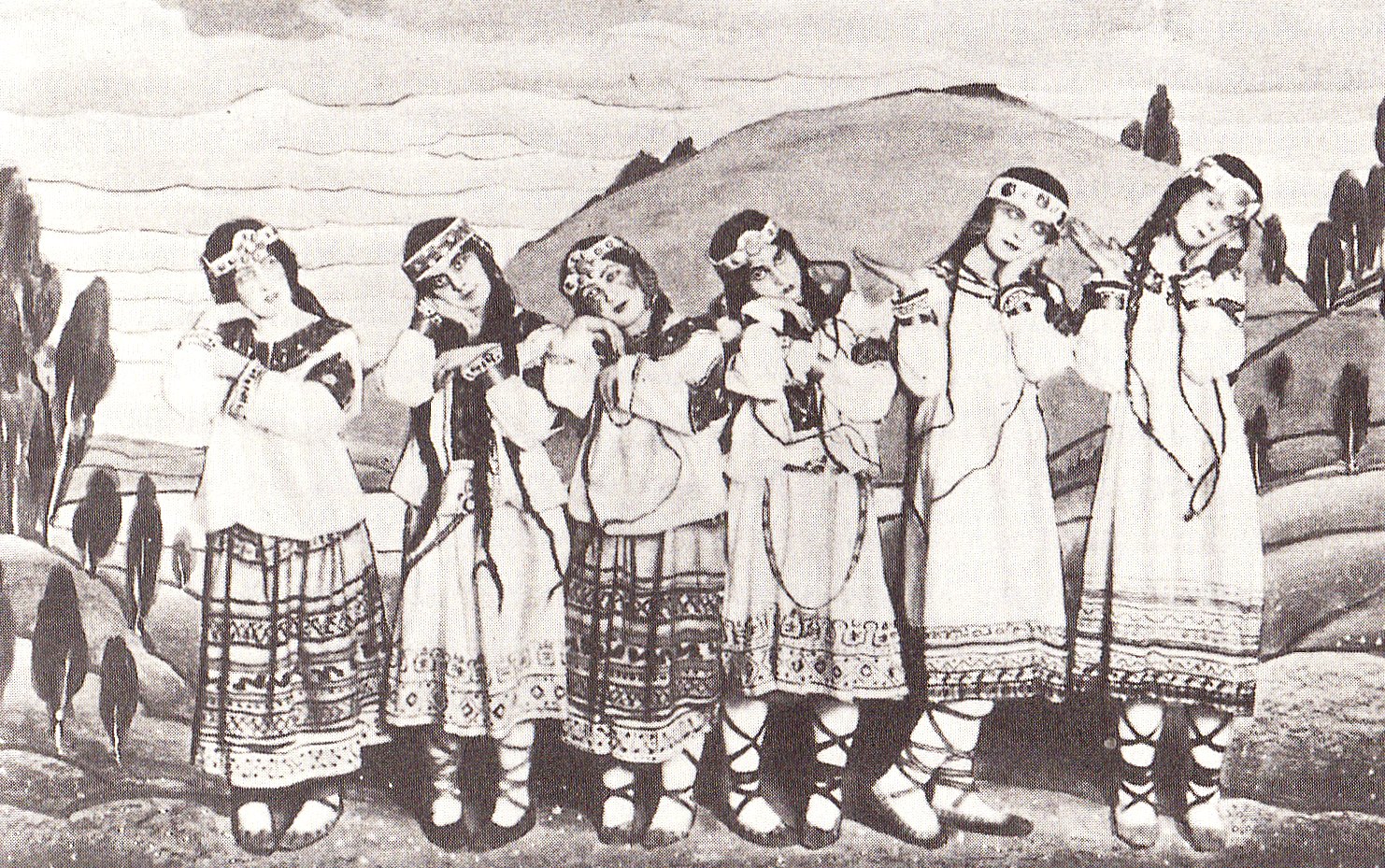A group of dancers from the original 1913 production of Stravinsky's ballet Le Sacre du printemps.