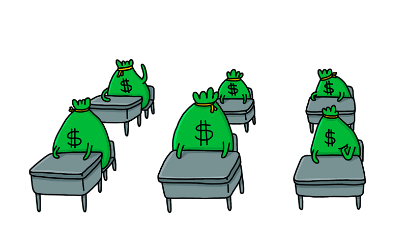 money bags sitting in school desks