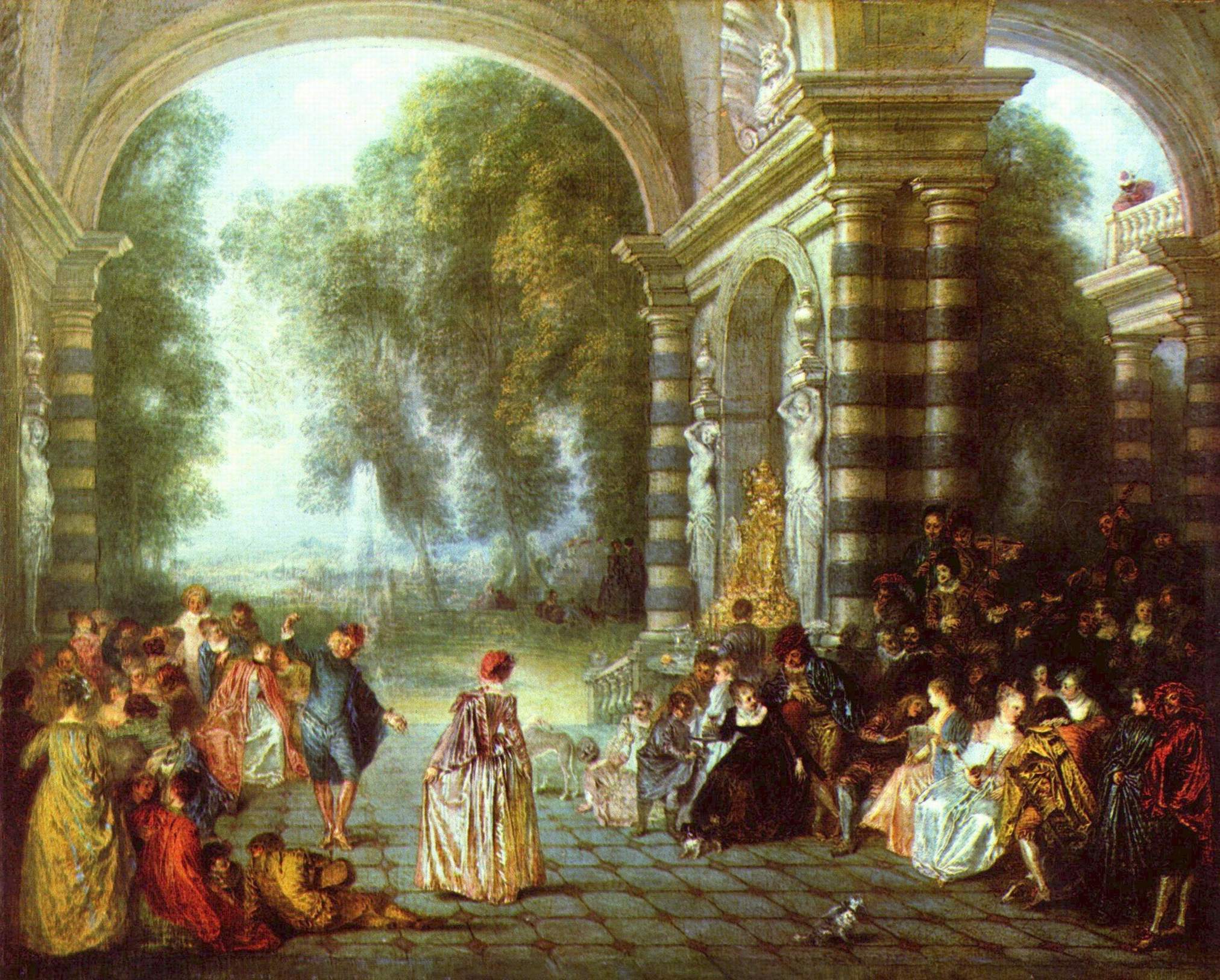 18th-century painting of people dancing by great, ornate columns.