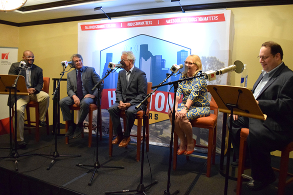 Panelists from The Good, The Bad and The Ugly onstage during the Houston Matters Road Show, Aug. 18, 2015. From left: Marcus Davis, Joe Holley, Russ Capper, Kyrie O'Connor and host Craig Cohen.