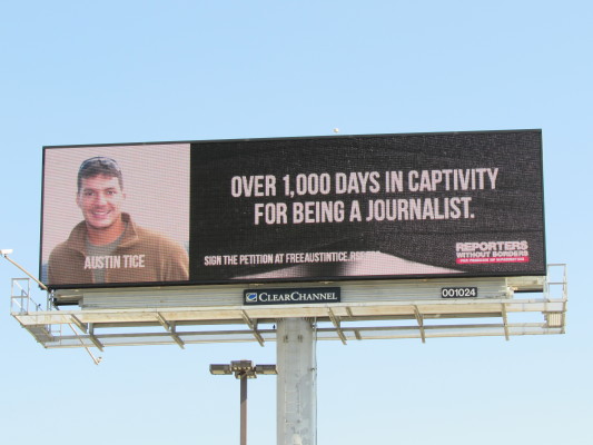 Billboard near Humble Texas highlights missing journalist Austin Tice. 