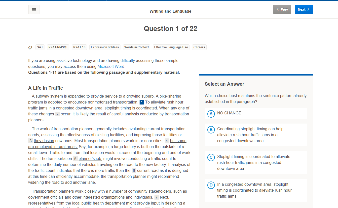 screenshot of Writing and Language sample question
