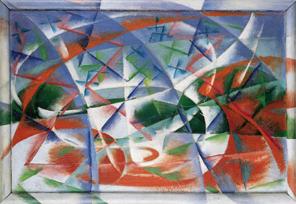 Abstract painting with shapes and lines in blue, green, white, and red.
