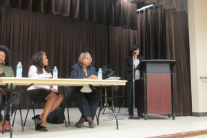 Three candidates for District II in Northeast Houston prepare to answer a question: challenger Darlene Smith, current board president Rhonda Skillern-Jones and another challenger Youlette Jayne McCullough.