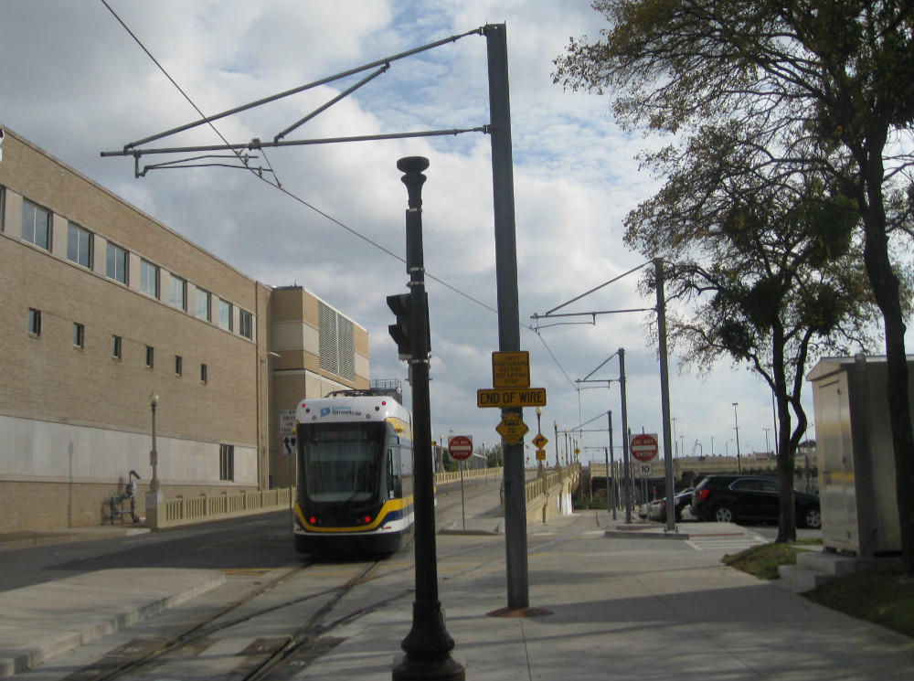 Dallas streetcar departs from the stop across from Union Station
