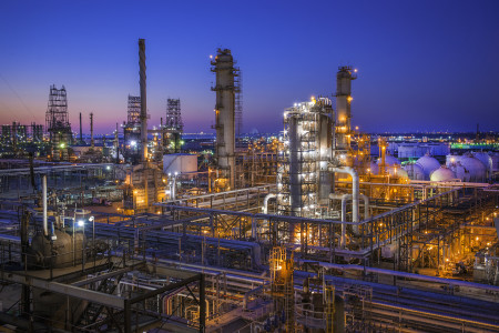 Marathon Petroleum Corporation Galveston Bay refinery at night. Texas City, Texas