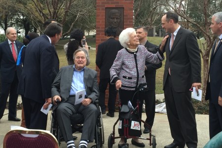 Former President George H.W. Bush and First Lady Barbara Bush greet visitors at the dedication ceremony in Houston.