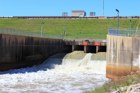 Water is released through gates from the Barker Reservoir
