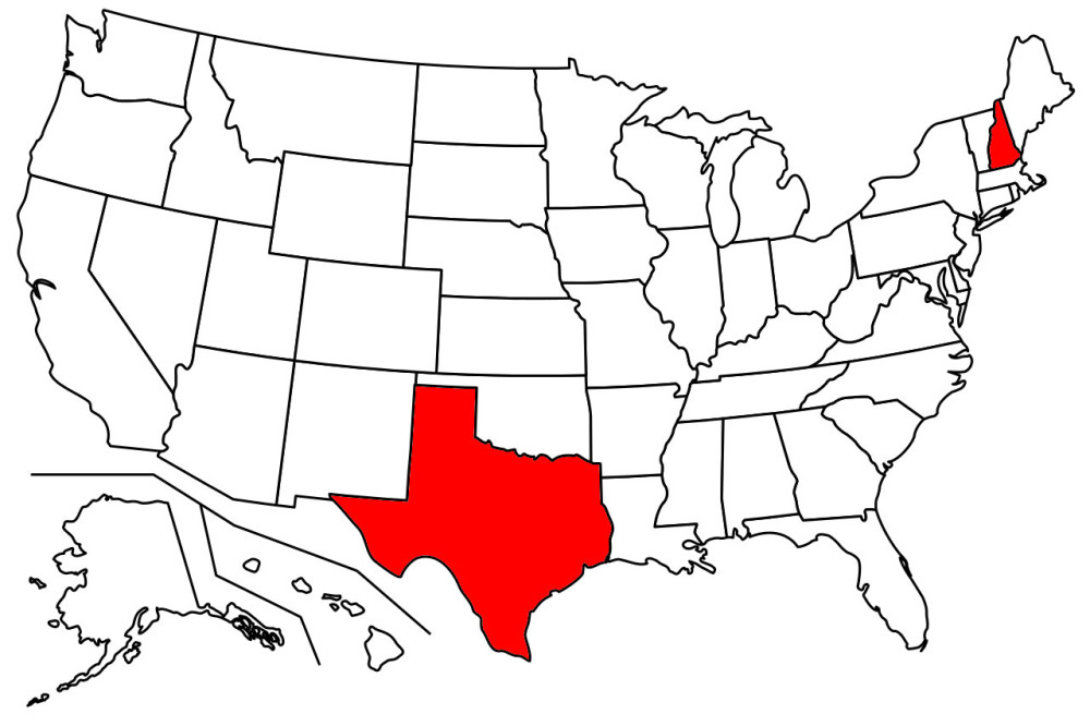 Texas and New Hampshire are shaded in on a us map