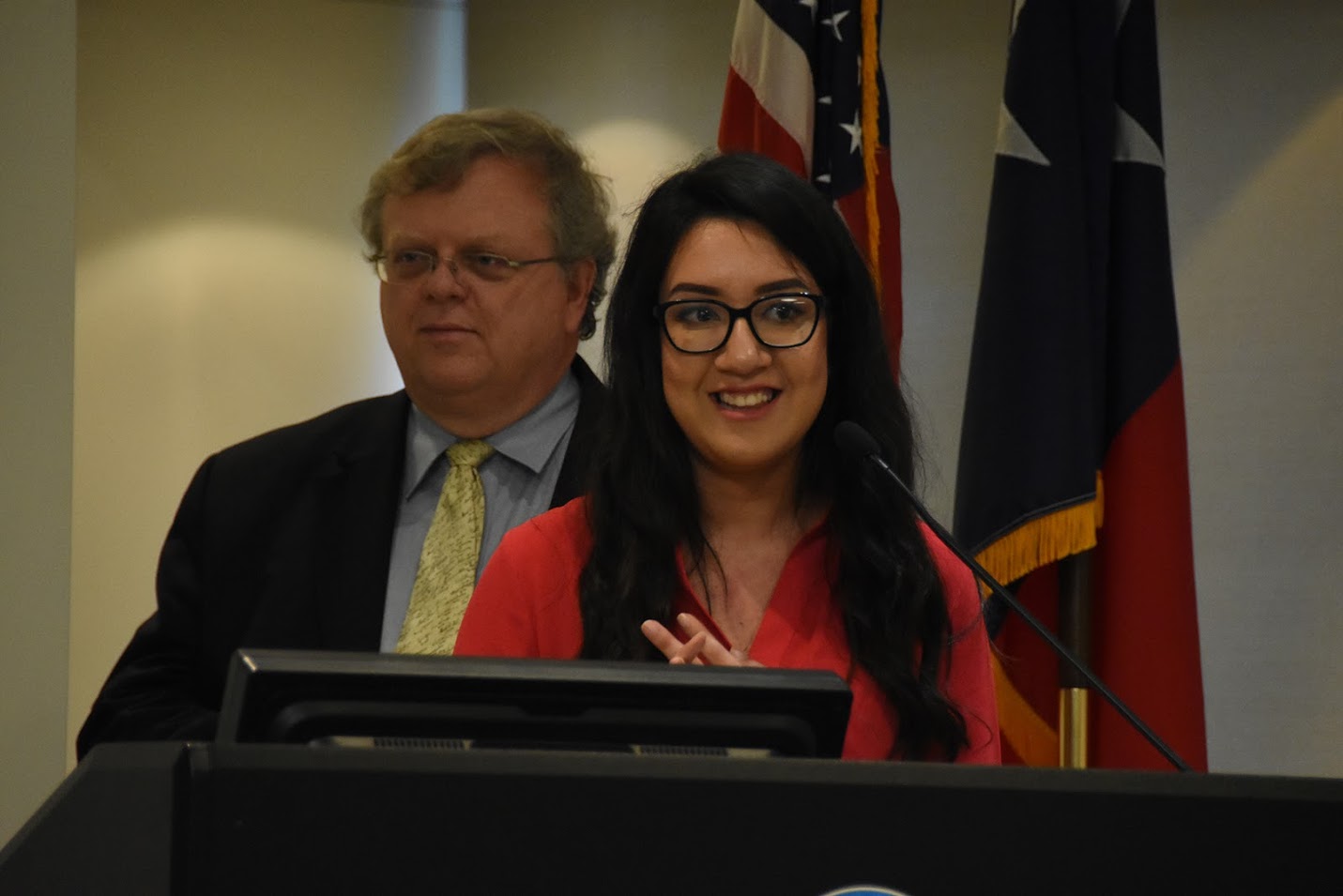 Cy-Fair senior Kathy Guerra stands with state Sen. Paul Bettencourt, R-Houston, at a press conference at Lone Star College on Wed., March 23, 2016.