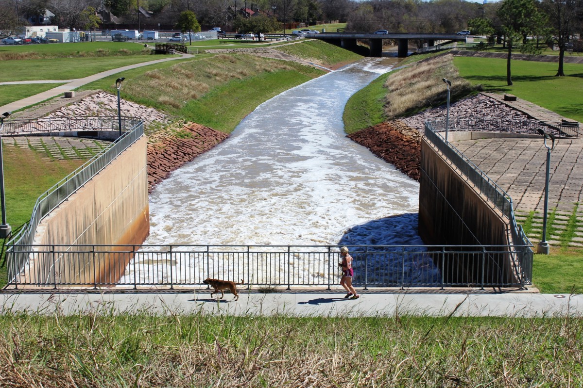 Gates allow the controlled release of water into Buffalo Bayou