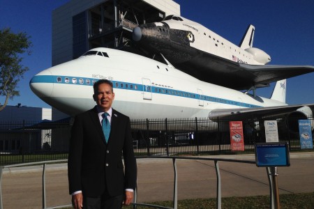 William Harris has just started as the new CEO at Space Center Houston. He says Independence Plaza, which appears in the backdrop displaying a replica of NASA's Independence space shuttle mounted on top of the original NASA 905 shuttle carrier aircraft, is one of the biggest draws in the complex.