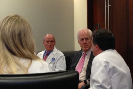 Senator John Cornyn speaking with Doctor Peter Hotez during the Zika Roundtable held at Texas Children's Hospital Pavilion for Women on April 22, 2016