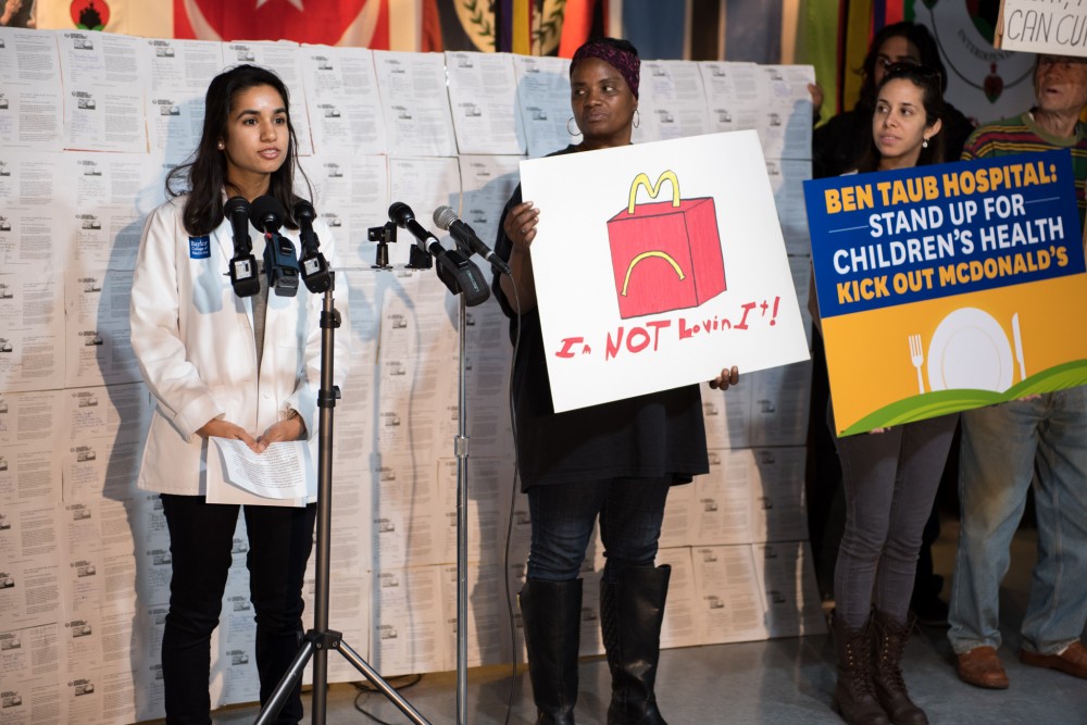 Azeen Anjum, a medical student at Baylor College of Medicine, speaks at the launch of the Houston campaign to remove fast food from local hospitals. 