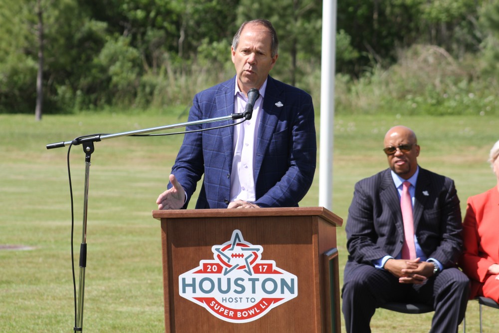 Houston Super Bowl Host Committee Chairman Ric Campo introduces the Charitable Giving program at Pro-Vision Academy on April 8, 2016.