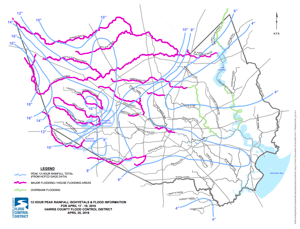 Pink shows areas of major flooding April 18th