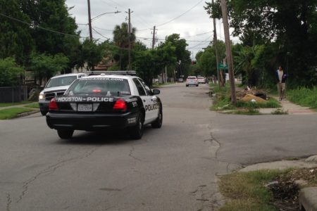 An HPD squad car patrols Houston’s north side, where the crime was committed.