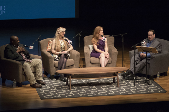 (L to R) Marcus Davis, Tamara Tabo and Lisa Falkenberg speak with Craig Cohen onstage at the Asia Society Texas Center during the taping of the 2016 Houston Matters Roadshow on June 28, 2016. (Photo: Derek Stokely, Houston Public Media)