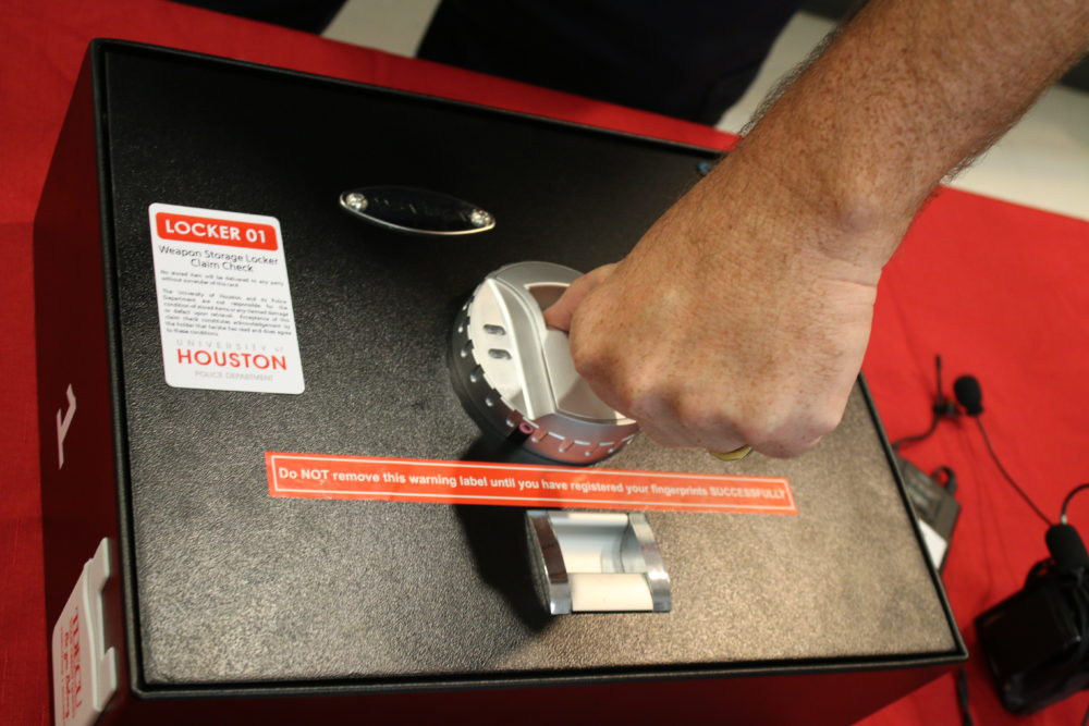 At the University of Houston, people with concealed handgun licenses can store their weapons inside free gun safes at the police station. The bio-metric safe is programmed to someone's fingerprint.