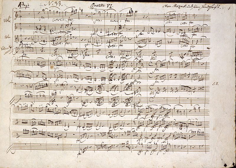 Autograph of the opening of String Quartet in C, by W.A. Mozart