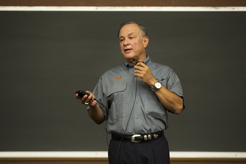 Secretary of State Carlos Cascos speaks to a University of Texas class about what students need to know to vote in November.