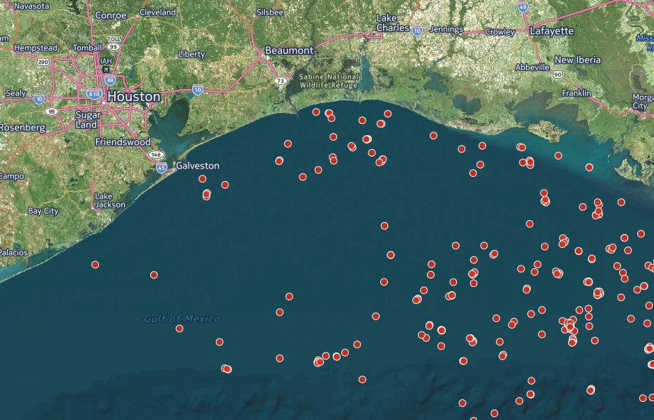 Screen gram of graphic by the Center for Biological Diversity showing fracked wells in the Gulf