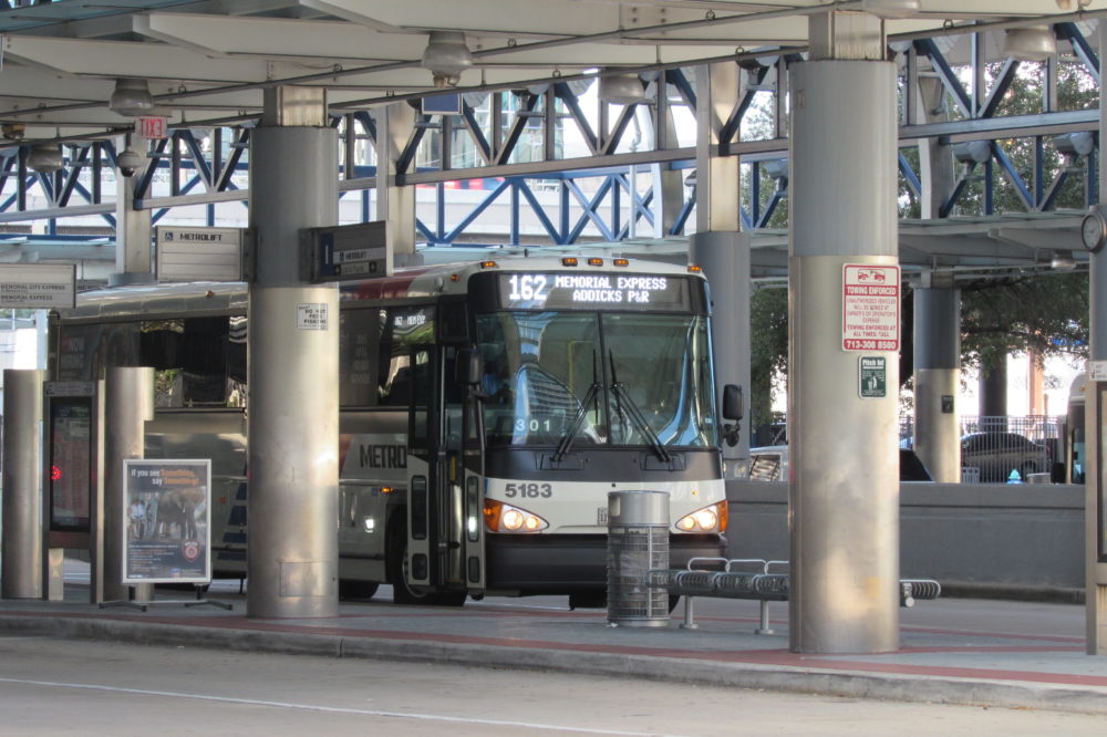 A bus waits at Metro's Downtown Transit Center. 