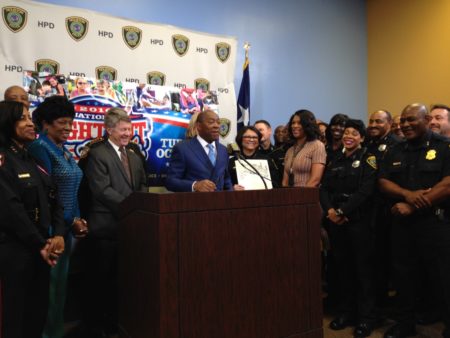 Harris County Judge Ed Emmett, Mayor Sylvester Turner, Acting Police Chief Martha Montalvo at the launch of the 33rd Annual National Night Out.
