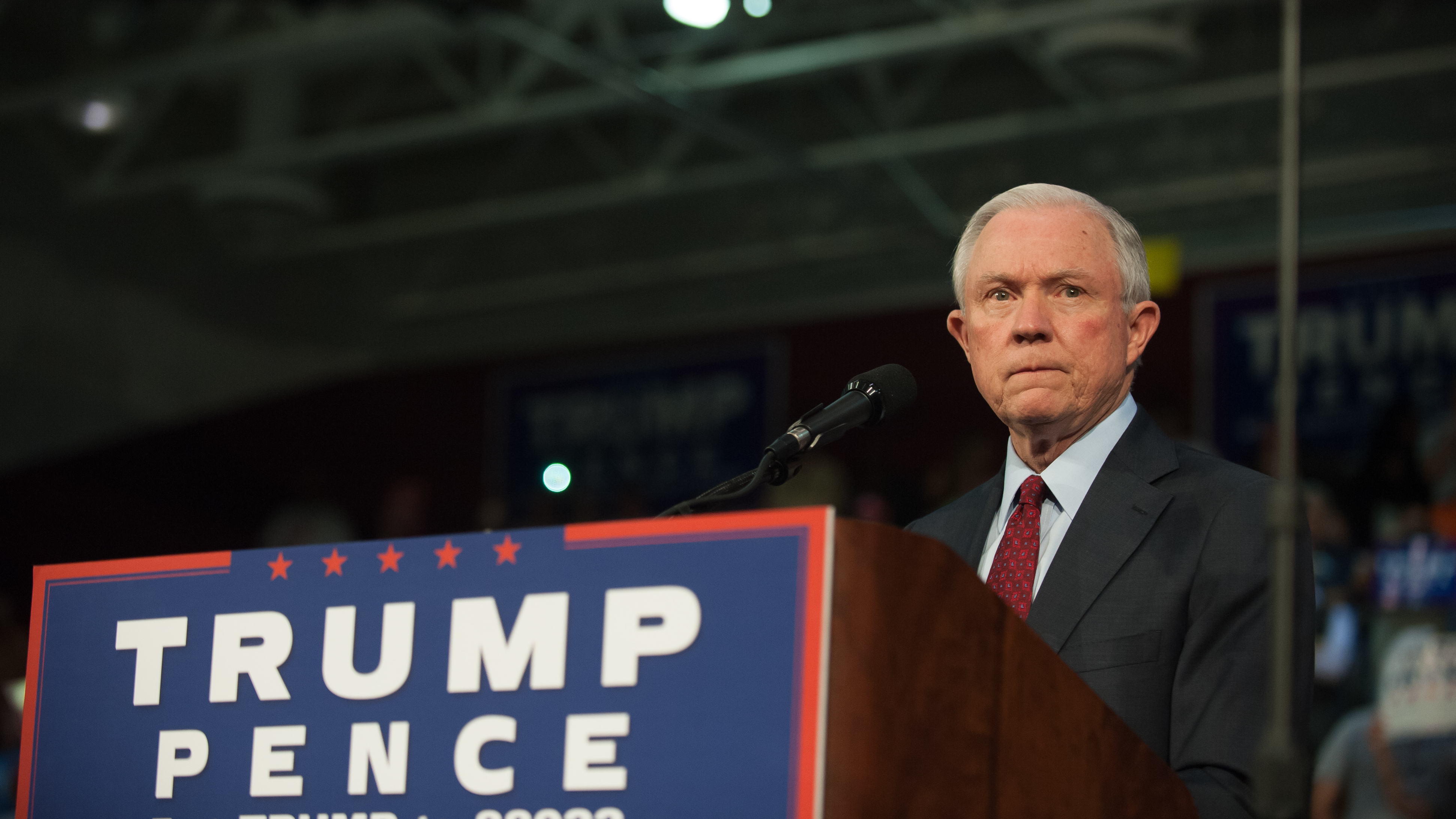 Alabama Sen. Jeff Sessions pledges his commitment to Republican presidential candidate Donald Trump before speaking to supporters at a rally in Ambridge, Pa., on Oct. 10. 