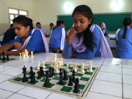 Girls study and compete in chess, just one of several extracurricular activities added to this girls' public school since the Zindagi Trust adopted it in 2007.