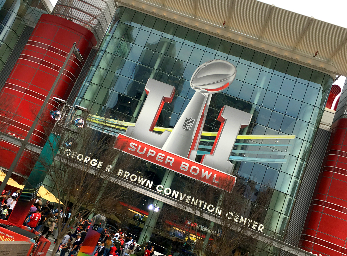 The Super Bowl 51 logo on display at the entrance to the George R. Brown Convention Center on Feb. 2, 2017. (Photo: Michael Hagerty, Houston Public Media)