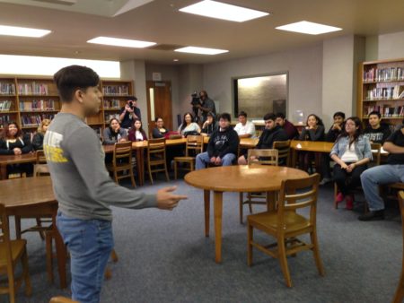 A student from HISD’s Sam Houston Math, Science and Technology Center participates in a meeting held previously to the voter registration.