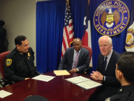 HPD Chief Art Acevedo, Houston Mayor Sylvester Turner and U.S. Senator John Cornyn met at HPD’s headquarters with other staff of the department to talk about Cornyn’s bill, the American Law Enforcement Heroes Act.