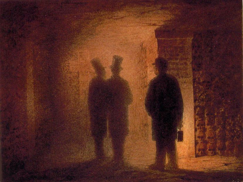 Watercolor painting of three figures in catacombs