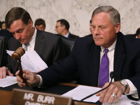 Senate Intelligence Committee Chairman Richard Burr, R-N.C., (right) gavels into order a hearing with the heads of the United States intelligence agencies with and ranking member Sen. Mark Warner, D-Va., on Capitol Hill on May 11. They are holding another hearing on intelligence on Wednesday