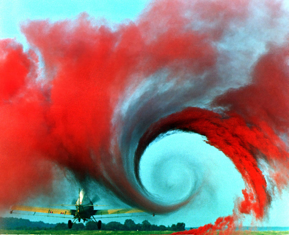 Turbulence in the tip vortex from an airplane wing. Studies of the critical point beyond which a system creates turbulence were important for chaos theory, analyzed for example by the Soviet physicist Lev Landau, who developed the Landau-Hopf theory of turbulence.