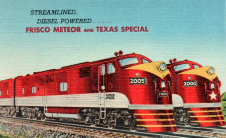 Postcard depiction of two popular Frisco Railroad passenger trains, The Meteor and The Texas Special. The Meteor is at left. Both trains were equipped with diesel locomotives and brand new line paint schemes in 1948.