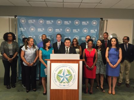 HISD Superintendent Richard Carranza speaking at press conference at the district.