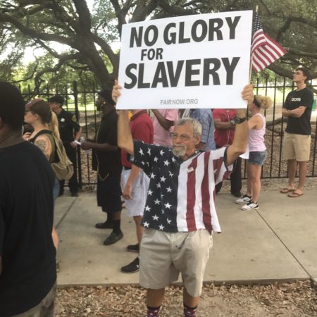 "Destroy the Confederacy" protester at Sam Houston Park.