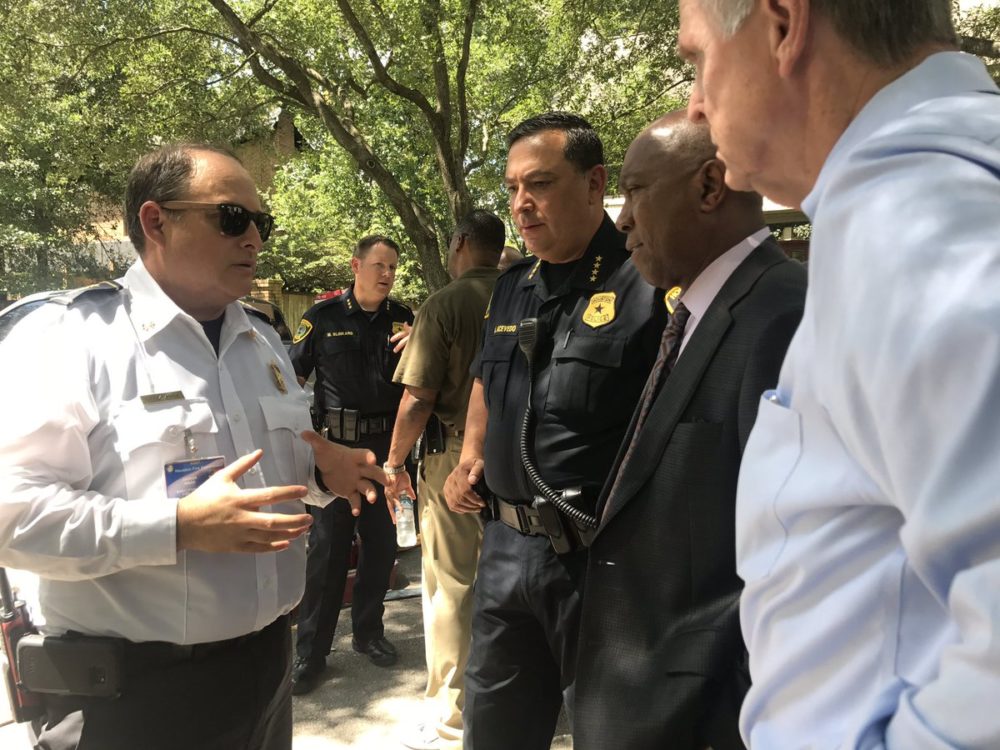 Houston Police Chief Art Acevedo and Mayor Sylvester Turner getting an update from various agencies on the federal investigation taking place at Albans Street.