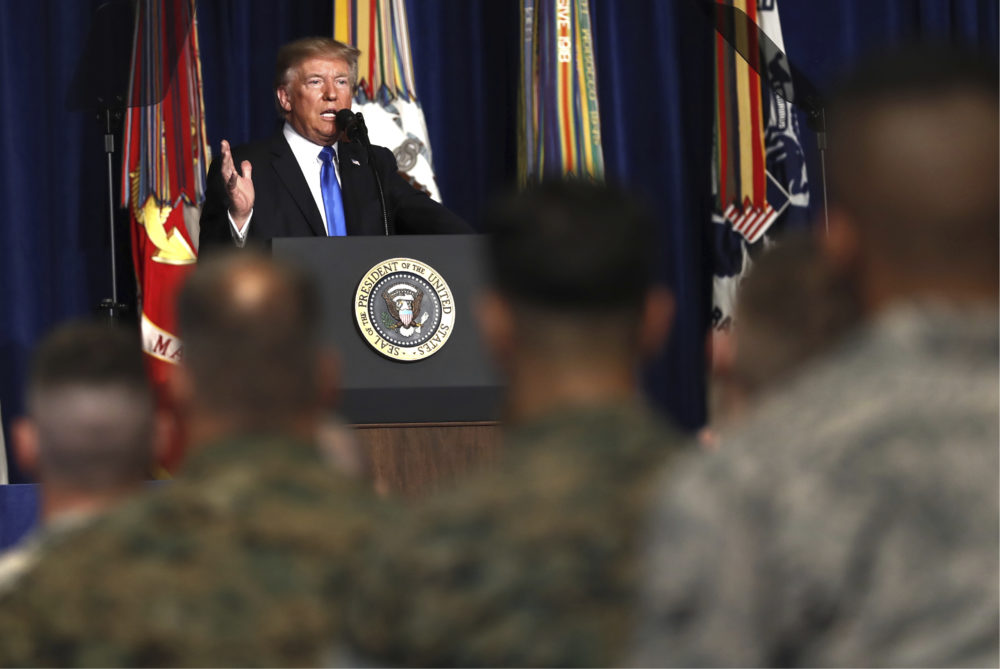 President Donald Trump speaks at Fort Myer in Arlington Va., Monday, Aug. 21, 2017, during a Presidential Address to the Nation about a strategy he believes will best position the U.S. to eventually declare victory in Afghanistan. 