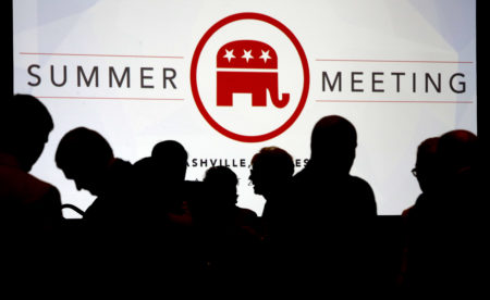 People talk before the start of the meeting of the standing committee on rules at the Republican National Committee summer meeting, Thursday, Aug. 24, 2017, in Nashville, Tenn.