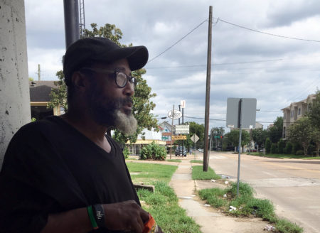 This Wednesday, Aug. 30, 2017, photo shows Stanley Unc, who lives in a tent camp beneath an overpass for Interstate 59, in Houston. He said others can’t grasp what their lives are like each day, much less on a day when a Category 4 hurricane hits.