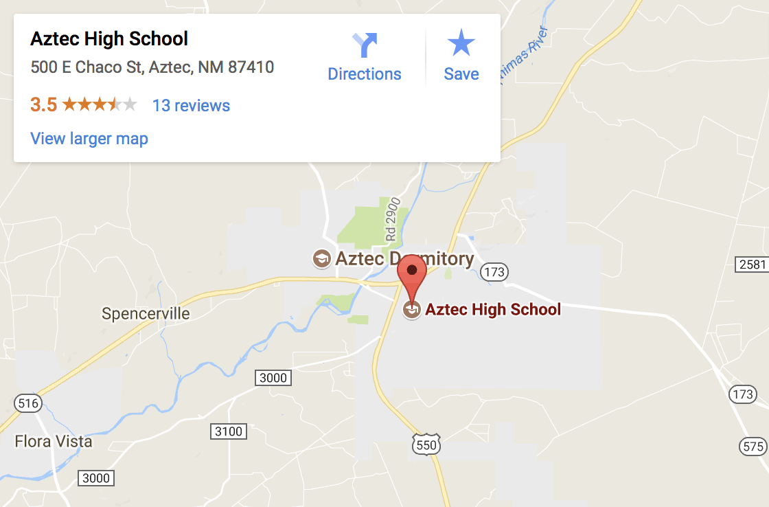 An image of the Google Map showing where Aztec High School is in New Mexico.
